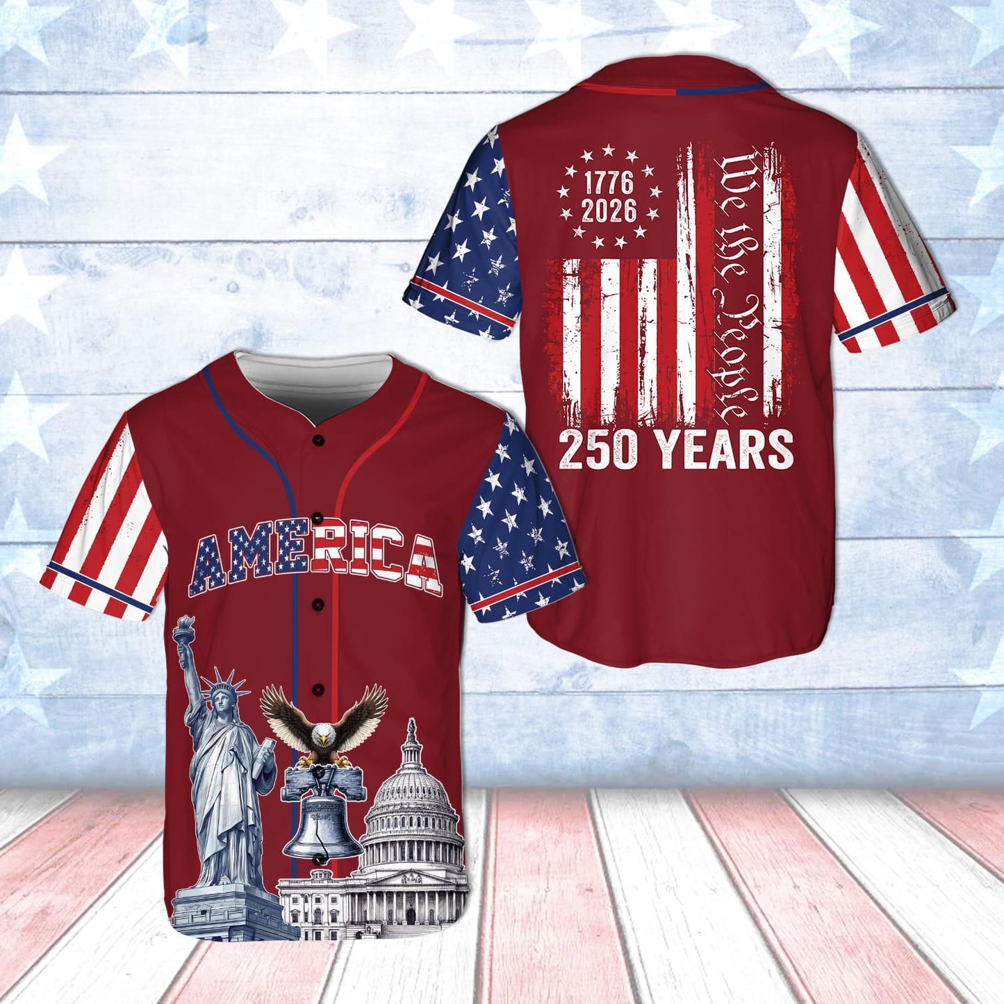 America 250 Years Baseball Jersey, 1776–2026 Semiquincentennial Patriotic Jersey, We The People Eagle Statue of Liberty 4th of July Jersey