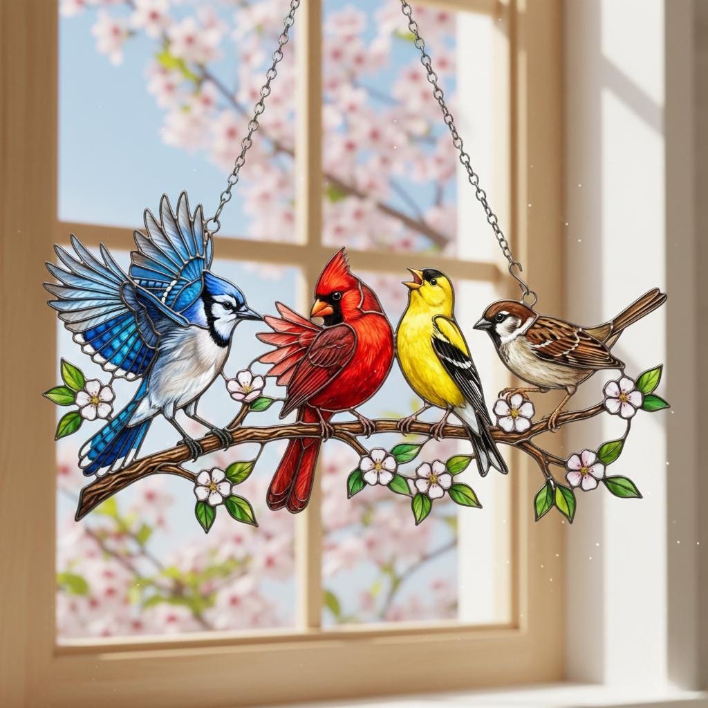 Colorful Birds Suncatcher, Four Birds On Branch Acrylic Window Hanging, Garden Wall Art Home Decor Gift For Mother's Day, Gift For Mom