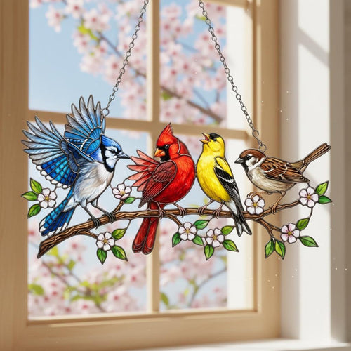Colorful Birds Suncatcher, Four Birds On Branch Acrylic Window Hanging, Garden Wall Art Home Decor Gift For Mother's Day, Gift For Mom