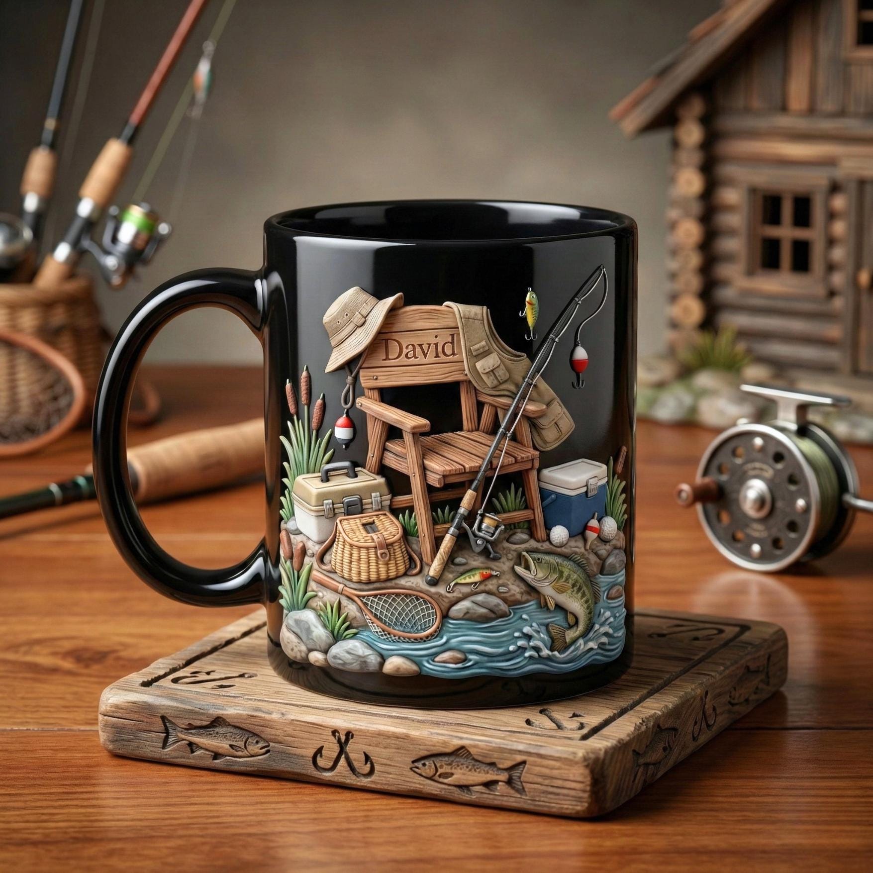 Personalized Fisherman Accent Mug, Fishing Lure Coffee Cup, Father’s Day Gift for Dad or Grandpa, Custom Mug Gift For Fishing Lover