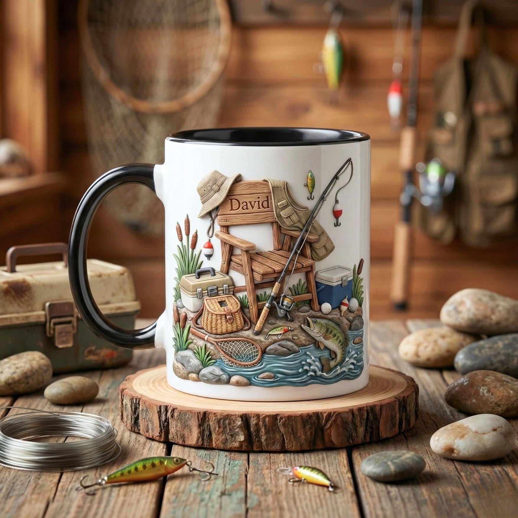 Custom Name Fishing Mug, Fishing Lures Coffee Accent Mug, Father's Day Gift for Grandpa Dad, Gift For Fisherman, Fishing Lover Cups