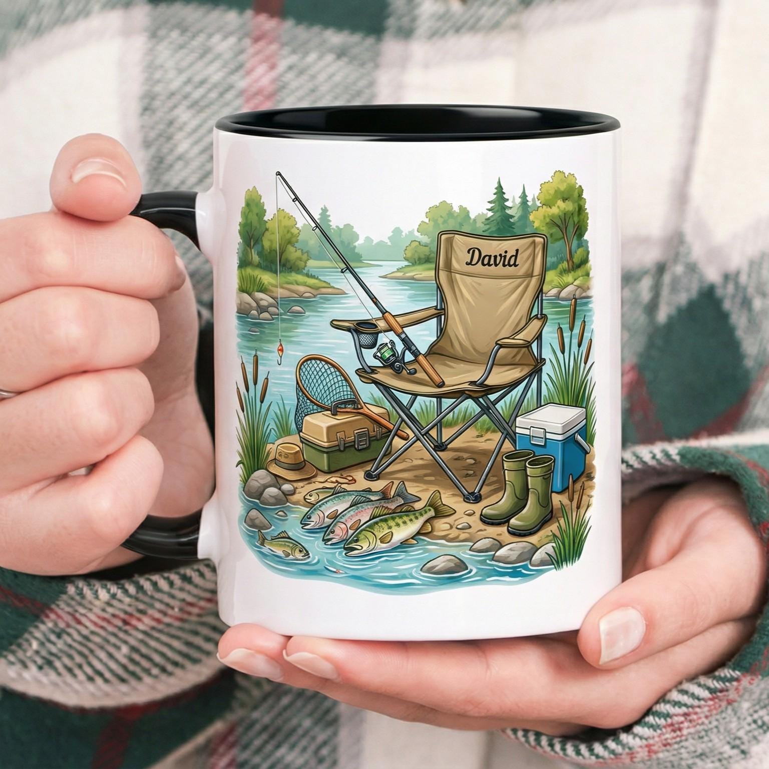 Custom Name Fishing Mug, Fishing Lures Coffee Accent Mug, Father's Day Gift for Grandpa Dad, Gift For Fisherman, Fishing Lover Cups