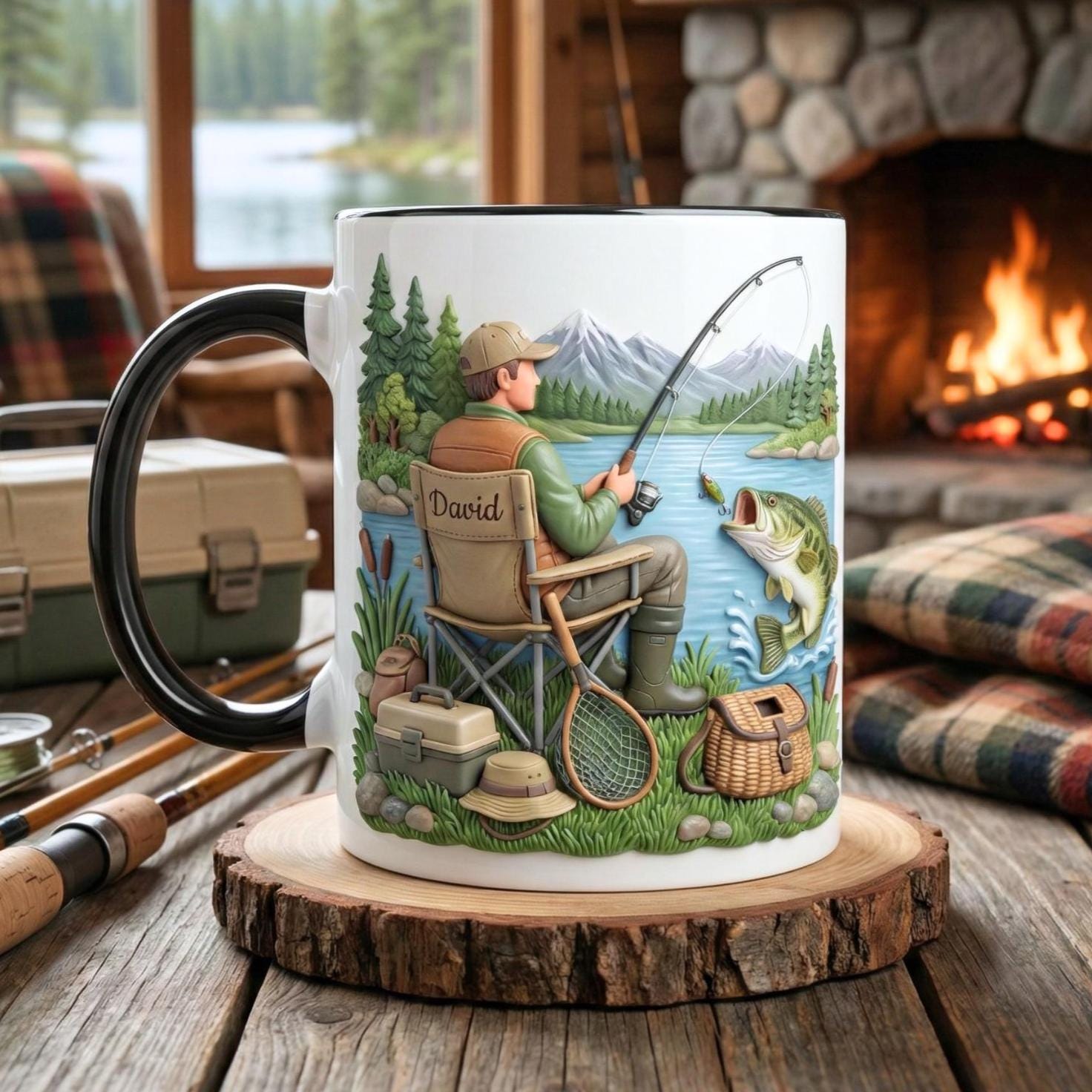 Custom Name Fishing Mug, Fishing Lures Coffee Accent Mug, Father's Day Gift for Grandpa Dad, Gift For Fisherman, Fishing Lover Cups