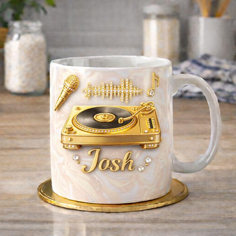 Personalized DJ Mug, Luxury Turntable Coffee Mug, Gold Vinyl Music Design Ceramic Cup, Gift for Music Lover