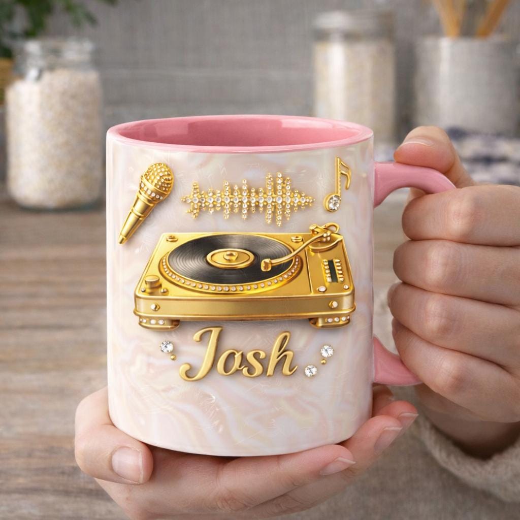 Personalized DJ Mug, Luxury Turntable Coffee Mug, Gold Vinyl Music Design Ceramic Cup, Gift for Music Lover