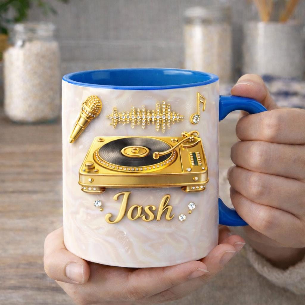 Personalized DJ Mug, Luxury Turntable Coffee Mug, Gold Vinyl Music Design Ceramic Cup, Gift for Music Lover