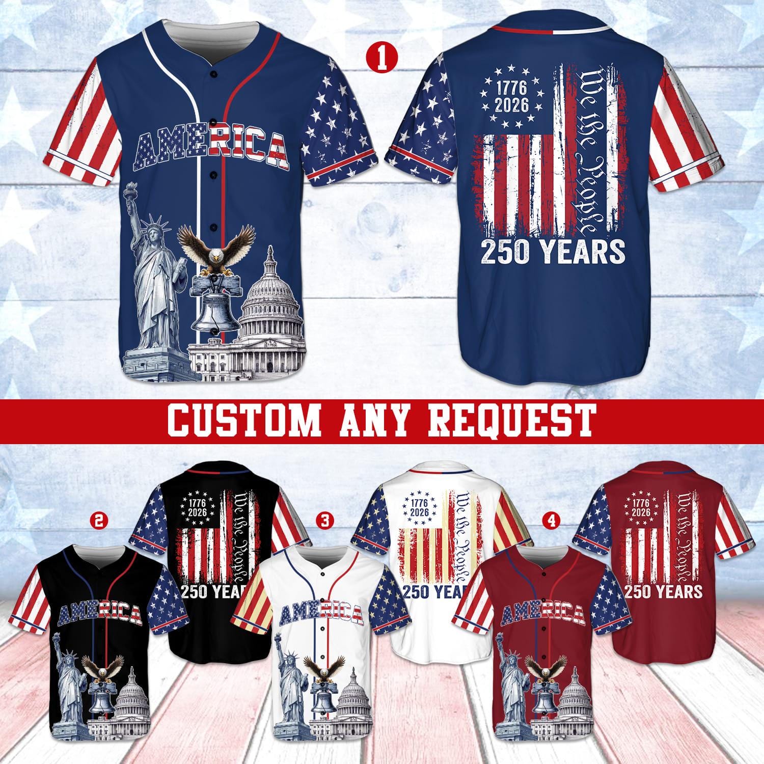 America 250 Years Baseball Jersey, 1776–2026 Semiquincentennial Patriotic Jersey, We The People Eagle Statue of Liberty 4th of July Jersey