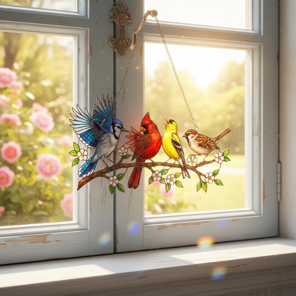 Colorful Birds Suncatcher, Four Birds On Branch Acrylic Window Hanging, Garden Wall Art Home Decor Gift For Mother's Day, Gift For Mom