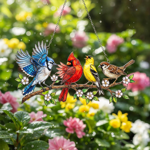 Colorful Birds Suncatcher, Four Birds On Branch Acrylic Window Hanging, Garden Wall Art Home Decor Gift For Mother's Day, Gift For Mom
