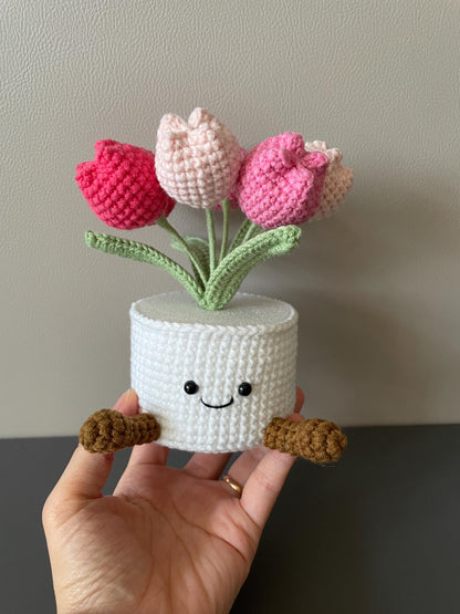 Handmade Crochet Tulip Flower Pot, Pink, Purple, Orange, Cute Gift for Mom, Girlfriend, Friend,Crochet Rose Bouquet, Birthday Gift