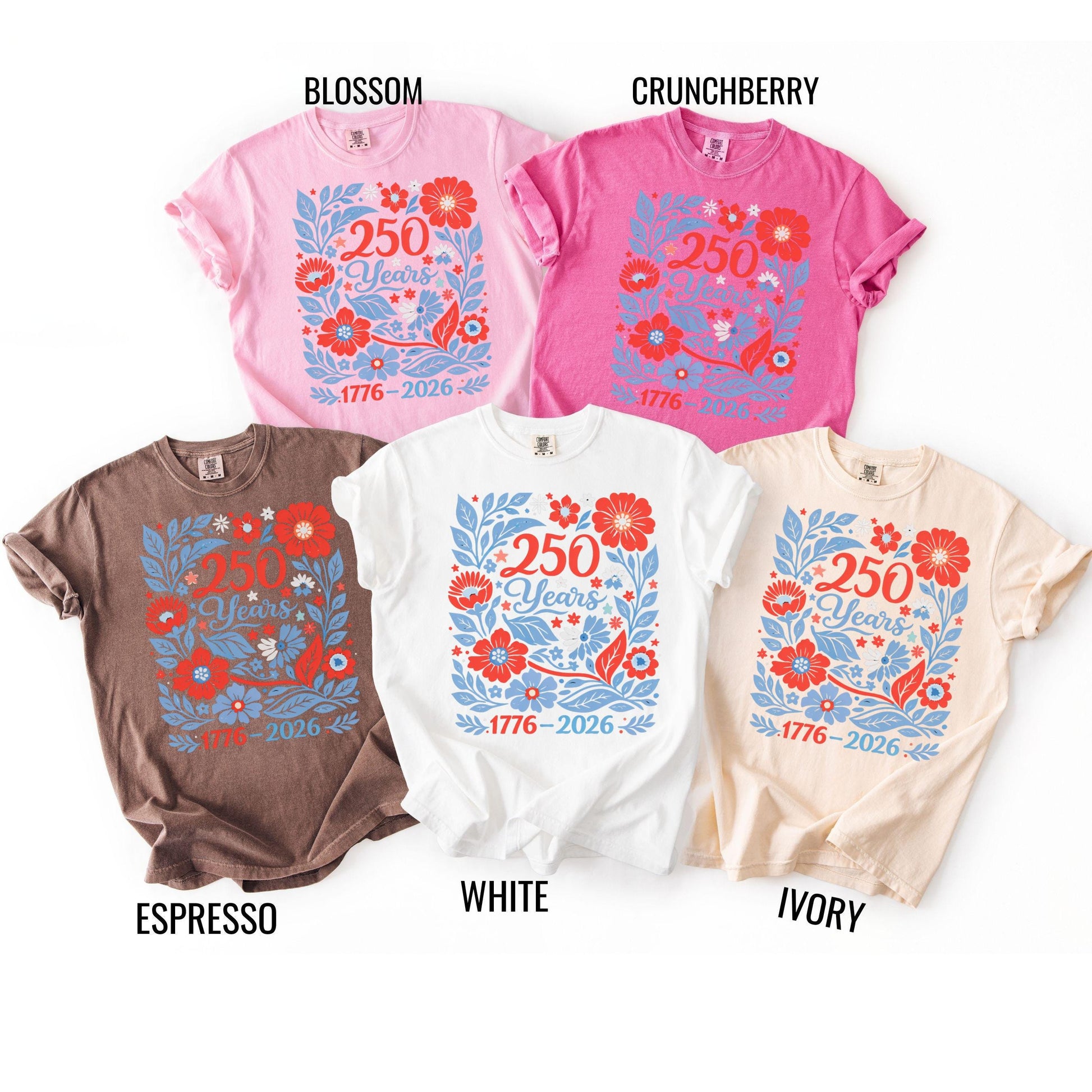 USA 250 Years Shirt 1776–2026 Patriotic Floral Tee, America 250th Shirt, July 4th Vintage Flowers Tee, Comfort Colors USA Celebration Shirt