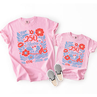 USA 250 Years Shirt 1776–2026 Patriotic Floral Tee, America 250th Shirt, July 4th Vintage Flowers Tee, Comfort Colors USA Celebration Shirt