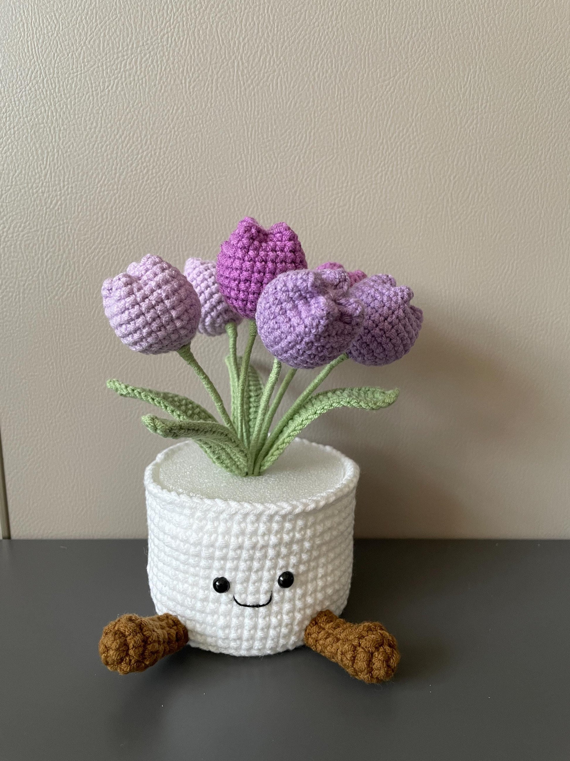 Handmade Crochet Tulip Flower Pot, Pink, Purple, Orange, Cute Gift for Mom, Girlfriend, Friend,Crochet Rose Bouquet, Birthday Gift