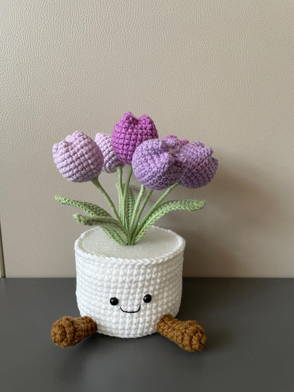 Handmade Crochet Tulip Flower Pot, Pink, Purple, Orange, Cute Gift for Mom, Girlfriend, Friend,Crochet Rose Bouquet, Birthday Gift