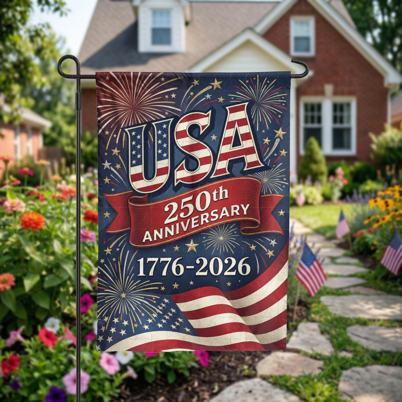 USA 250th Anniversary Garden Flag, 1776-2026 Patriotic Outdoor Decor, American Semiquincentennial Yard Banner, Fireworks & Flag Design