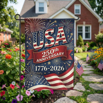 USA 250th Anniversary Garden Flag, 1776-2026 Patriotic Outdoor Decor, American Semiquincentennial Yard Banner, Fireworks & Flag Design
