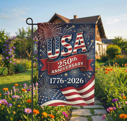 USA 250th Anniversary Garden Flag, 1776-2026 Patriotic Outdoor Decor, American Semiquincentennial Yard Banner, Fireworks & Flag Design