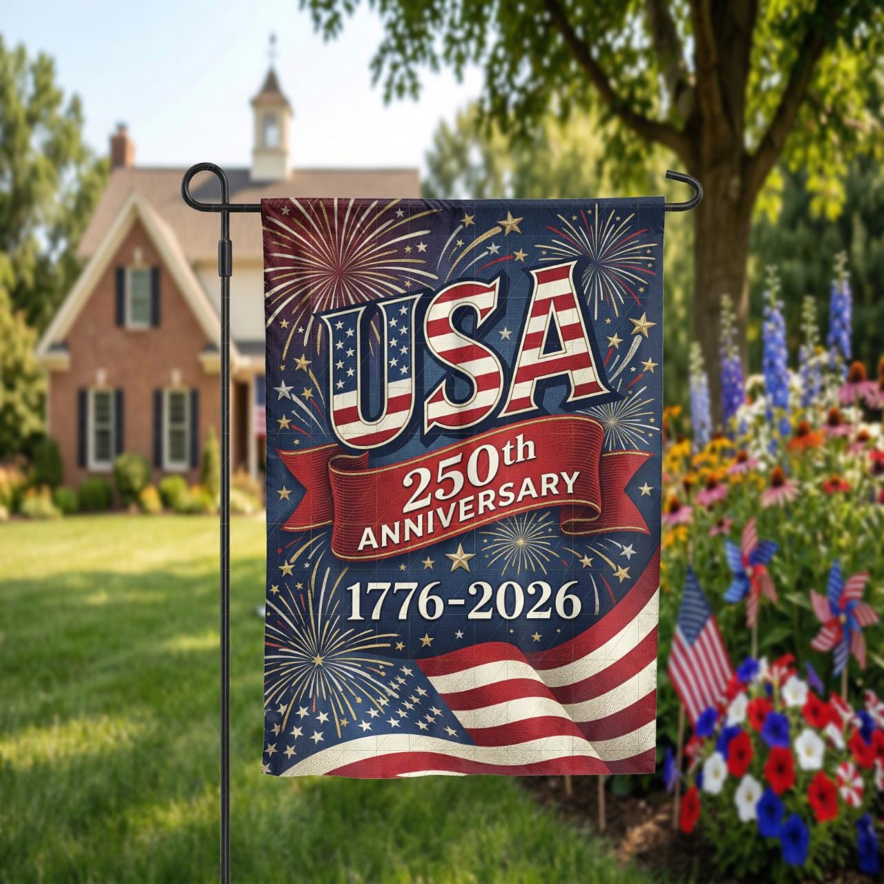 USA 250th Anniversary Garden Flag, 1776-2026 Patriotic Outdoor Decor, American Semiquincentennial Yard Banner, Fireworks & Flag Design