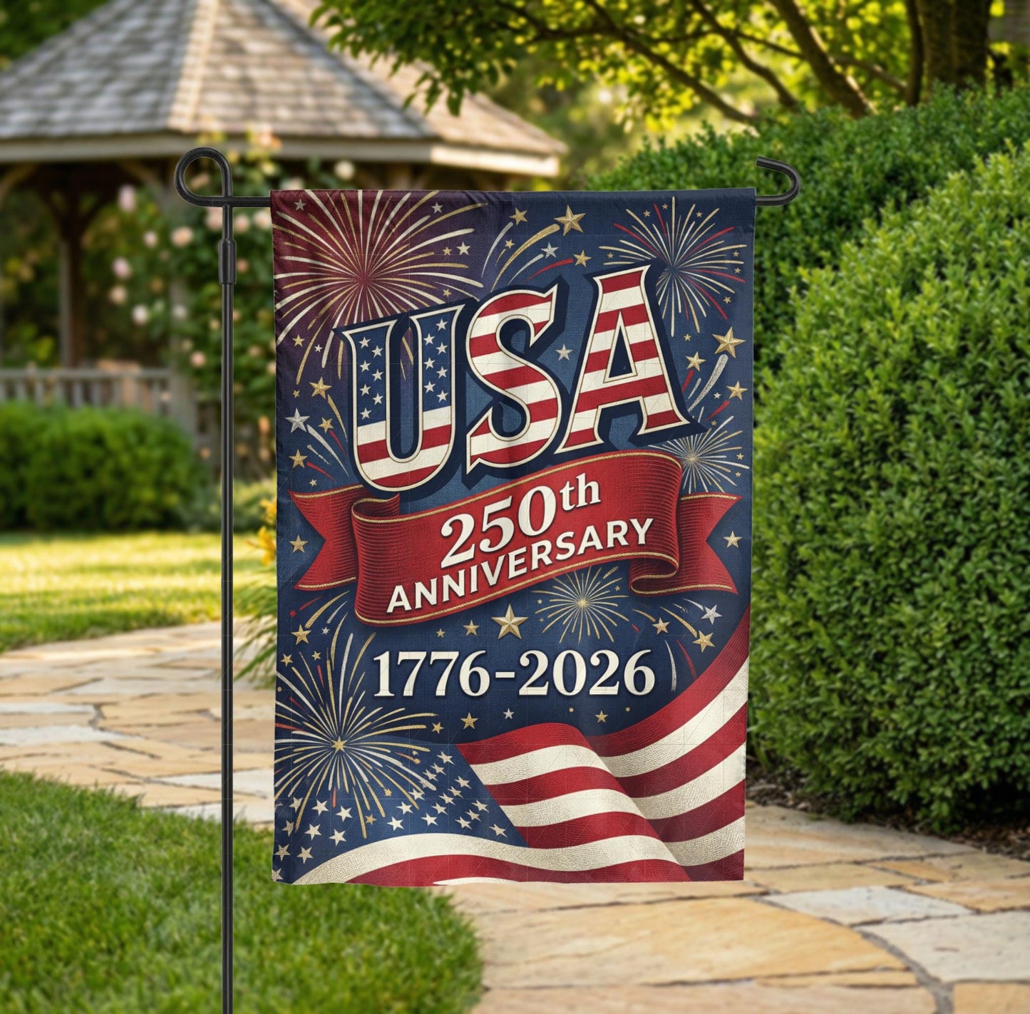 USA 250th Anniversary Garden Flag, 1776-2026 Patriotic Outdoor Decor, American Semiquincentennial Yard Banner, Fireworks & Flag Design