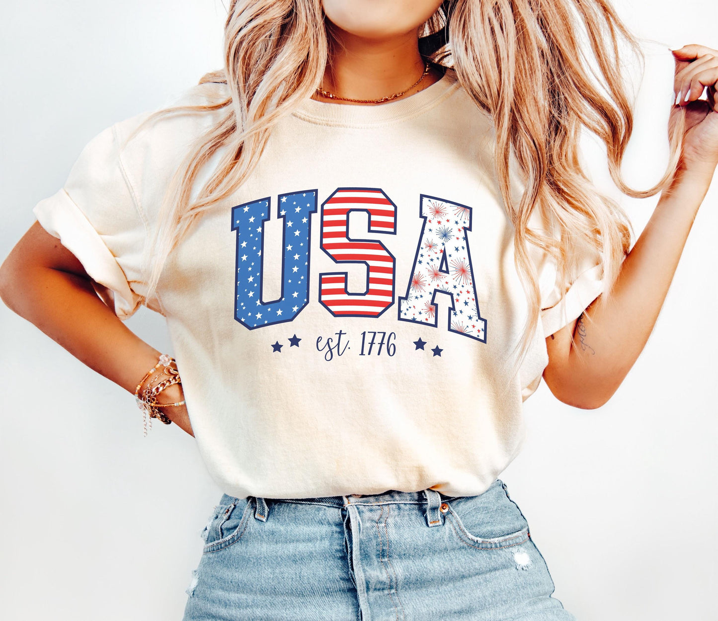 USA est. 1776 4th of July Graphic T-Shirt | Stars & Stripes Tee | Women's Patriotic American Gift | Fourth of July Shirt | Independence Day
