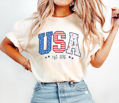 USA est. 1776 4th of July Graphic T-Shirt | Stars & Stripes Tee | Women's Patriotic American Gift | Fourth of July Shirt | Independence Day