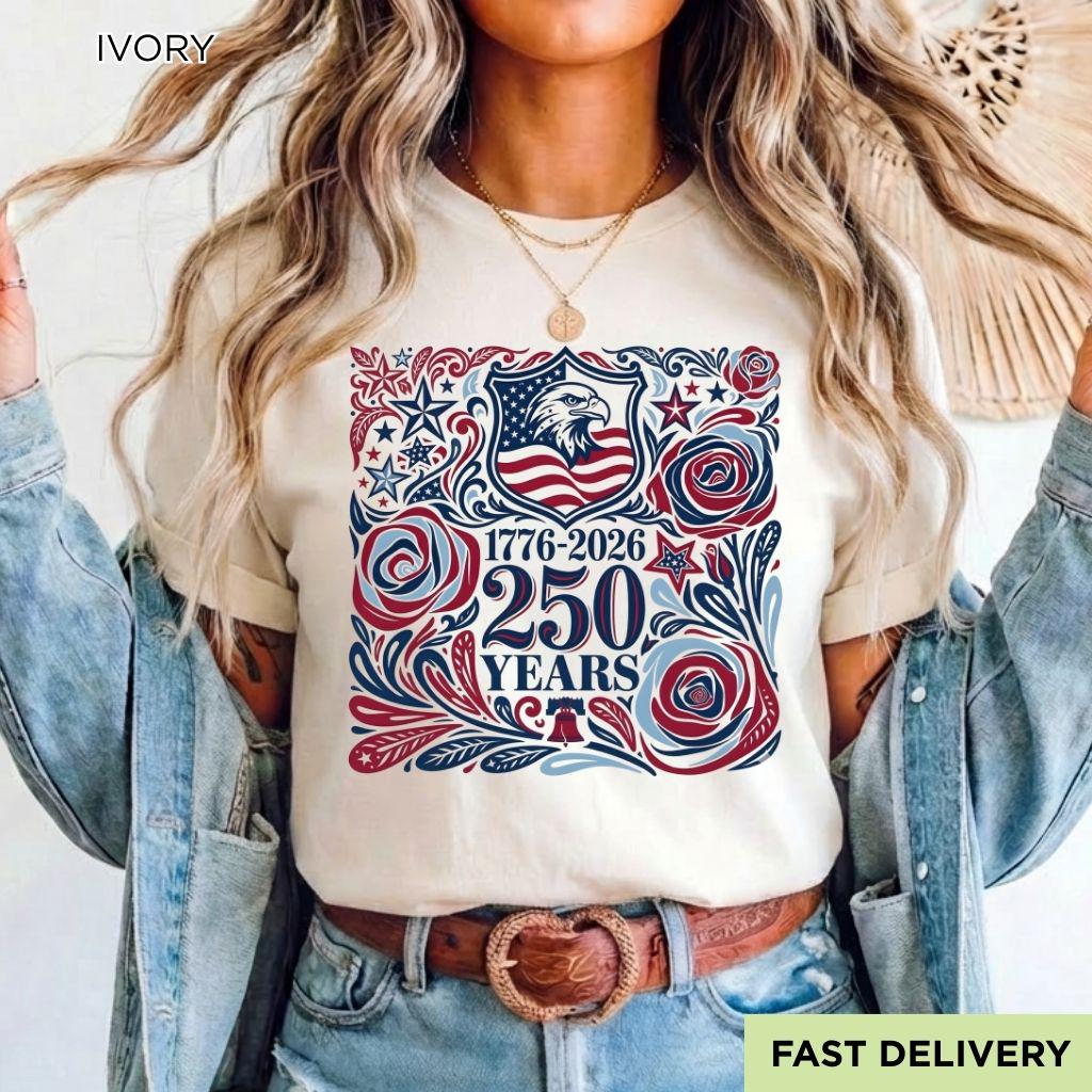 250th America Anniversary Shirt, Retro 4th of July Floral USA Shirt, Patriotic American Flag Tee, Vintage Independence Day Shirt, 1776-2026