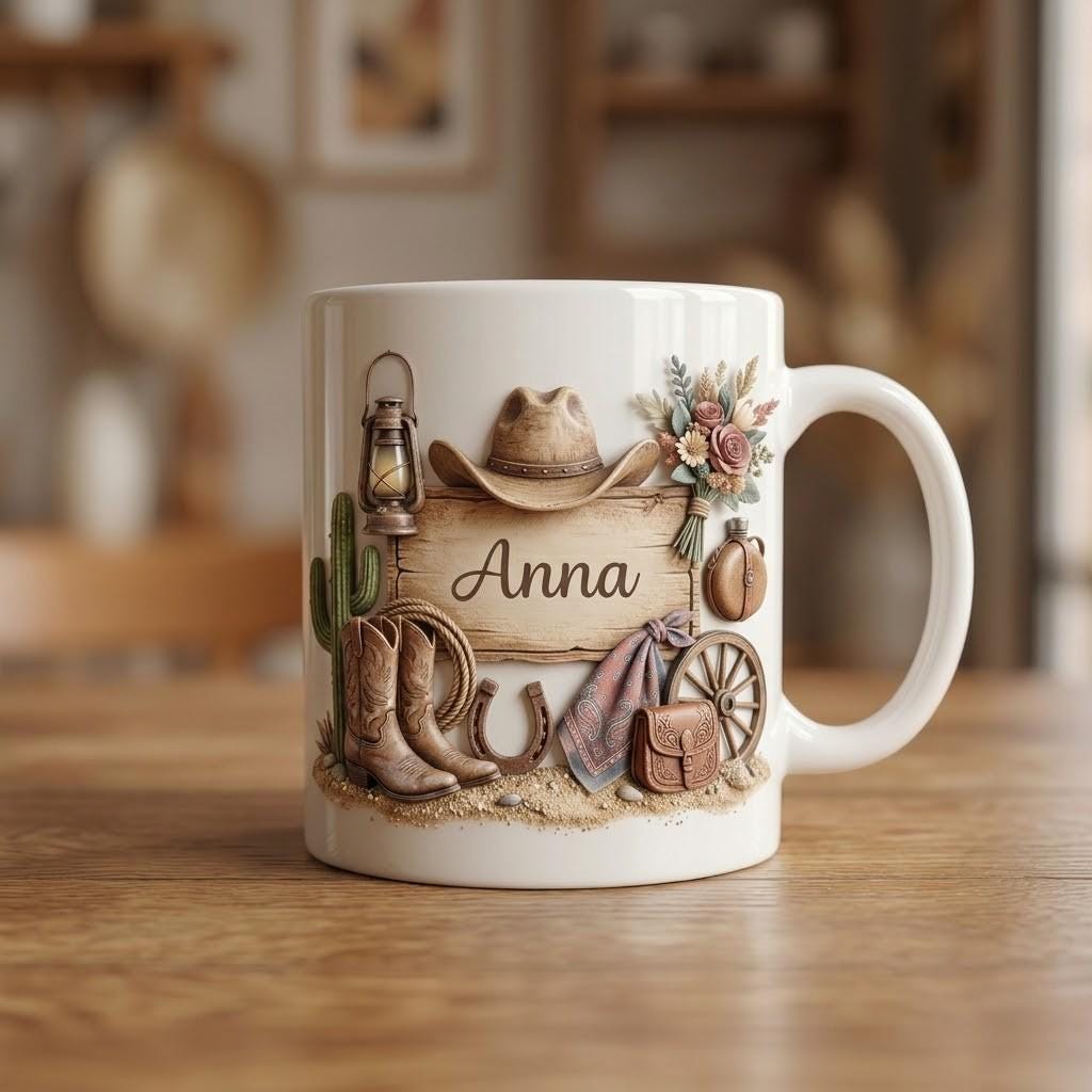 Personalized Cowgirl Ceramic Mug, Custom Western Coffee Cup, Rustic Country Gift for Her