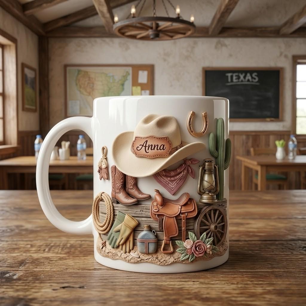 Personalized Cowgirl Ceramic Mug, Custom Western Coffee Cup, Rustic Country Gift for Her