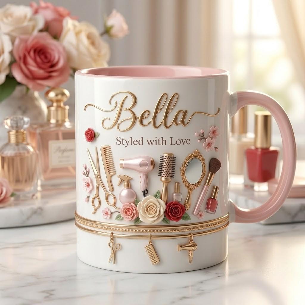 Personalized Hair Stylist Mug, Custom Name Ceramic Cup, Beauty Salon Coffee Mug