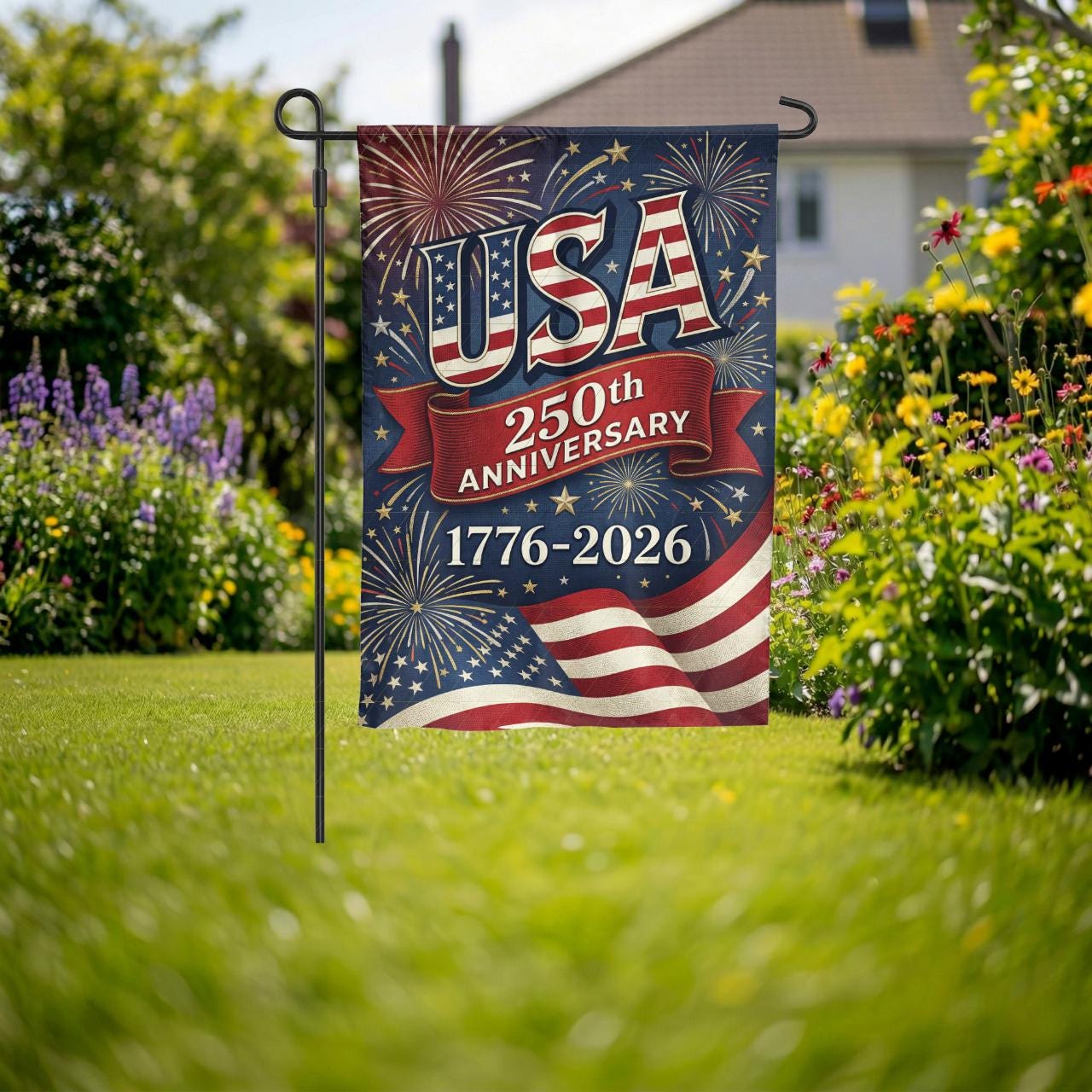 USA 250th Anniversary Garden Flag, 1776-2026 Patriotic Outdoor Decor, American Semiquincentennial Yard Banner, Fireworks & Flag Design