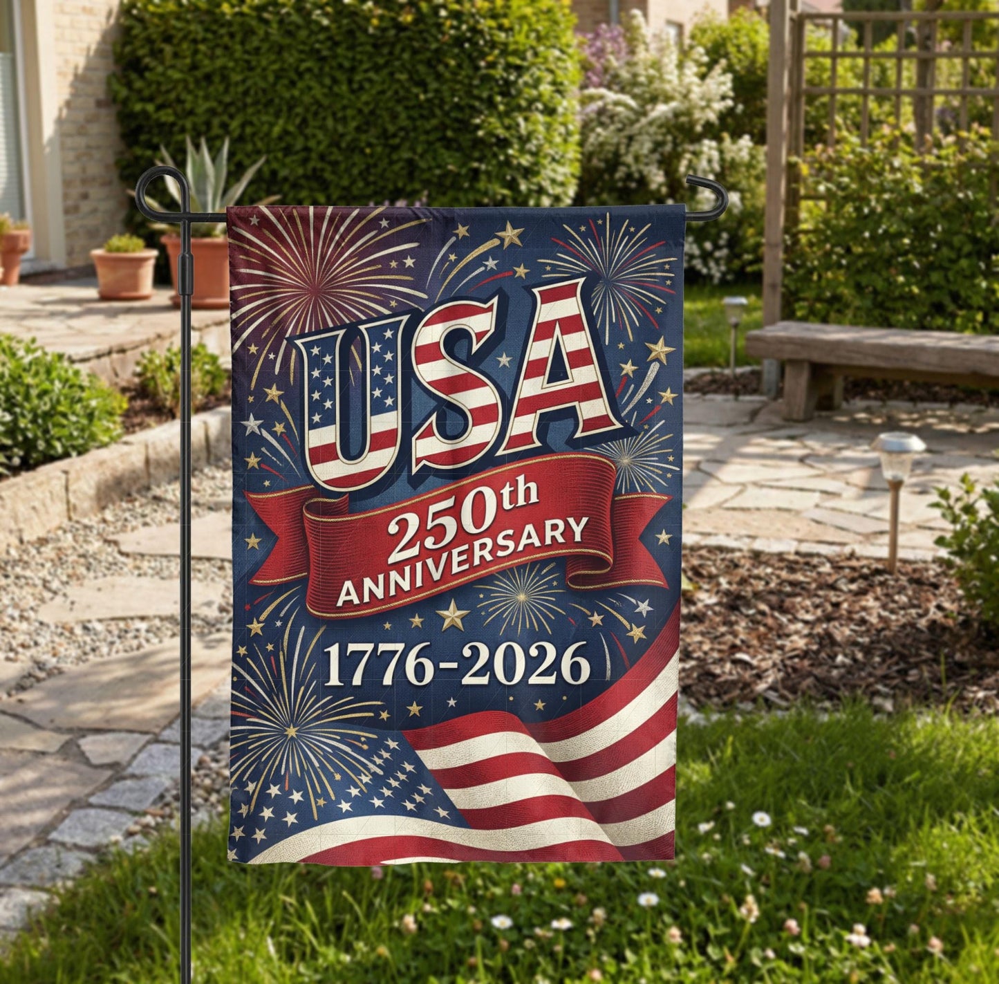 USA 250th Anniversary Garden Flag, 1776-2026 Patriotic Outdoor Decor, American Semiquincentennial Yard Banner, Fireworks & Flag Design