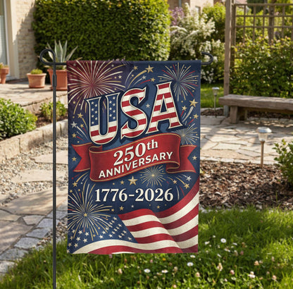 USA 250th Anniversary Garden Flag, 1776-2026 Patriotic Outdoor Decor, American Semiquincentennial Yard Banner, Fireworks & Flag Design