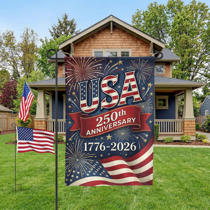 USA 250th Anniversary Garden Flag, 1776-2026 Patriotic Outdoor Decor, American Semiquincentennial Yard Banner, Fireworks & Flag Design