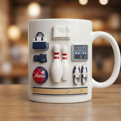 Personalized Bowling Mug, Custom Name Ceramic Cup, Ball Pin Coffee Mug