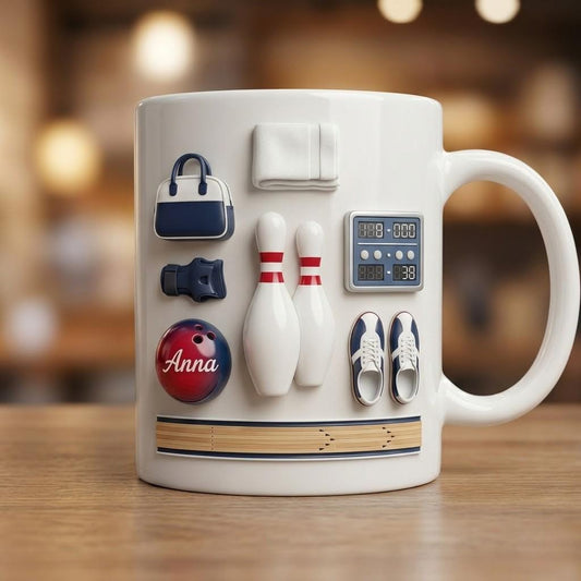 Personalized Bowling Mug, Custom Name Ceramic Cup, Ball Pin Coffee Mug