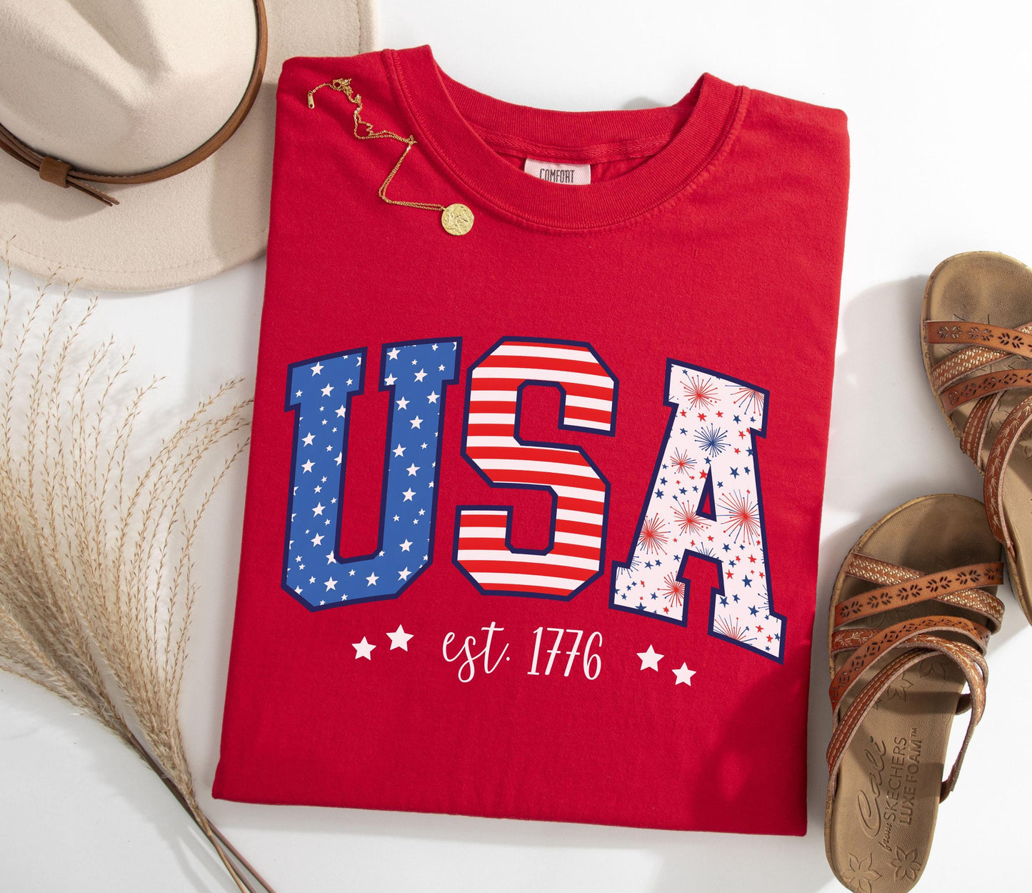USA est. 1776 4th of July Graphic T-Shirt | Stars & Stripes Tee | Women's Patriotic American Gift | Fourth of July Shirt | Independence Day