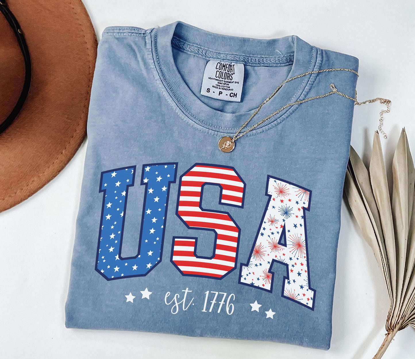 USA est. 1776 4th of July Graphic T-Shirt | Stars & Stripes Tee | Women's Patriotic American Gift | Fourth of July Shirt | Independence Day