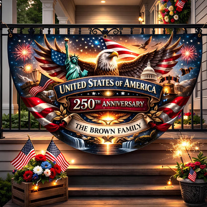 Personalized 250th Anniversary Semicircle Fence Flag Custom Family Name Patriotic Banner USA 1776 2026 Outdoor Independence Day Decor