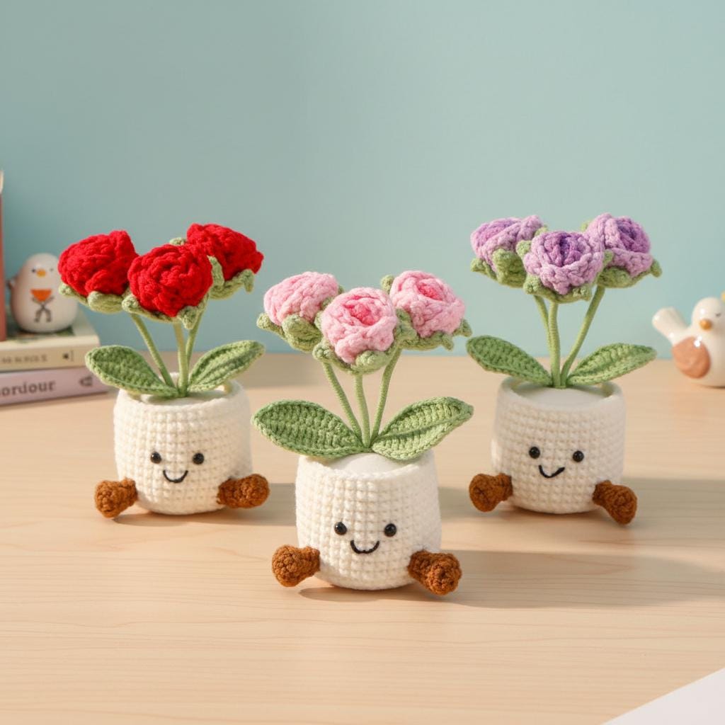 Crochet Tulip Flowers in Pot,Knit Rose,Plant Pot Gifts for Birthday,Anniversary,Congratulations Gifts,Office Desktop,Room Decoration