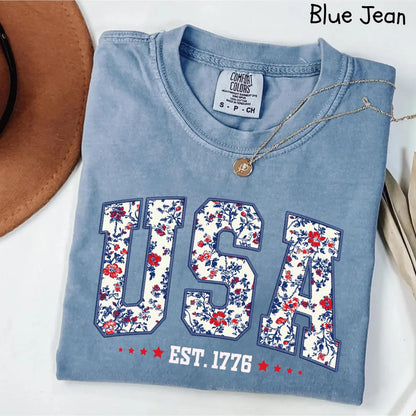 Comfort Colors Floral USA Shirt, American Girl Shirt, USA Est 1776 Shirt, Girly 4th of July Shirt, Patriotic Women Shirt, Flower USA Shirt