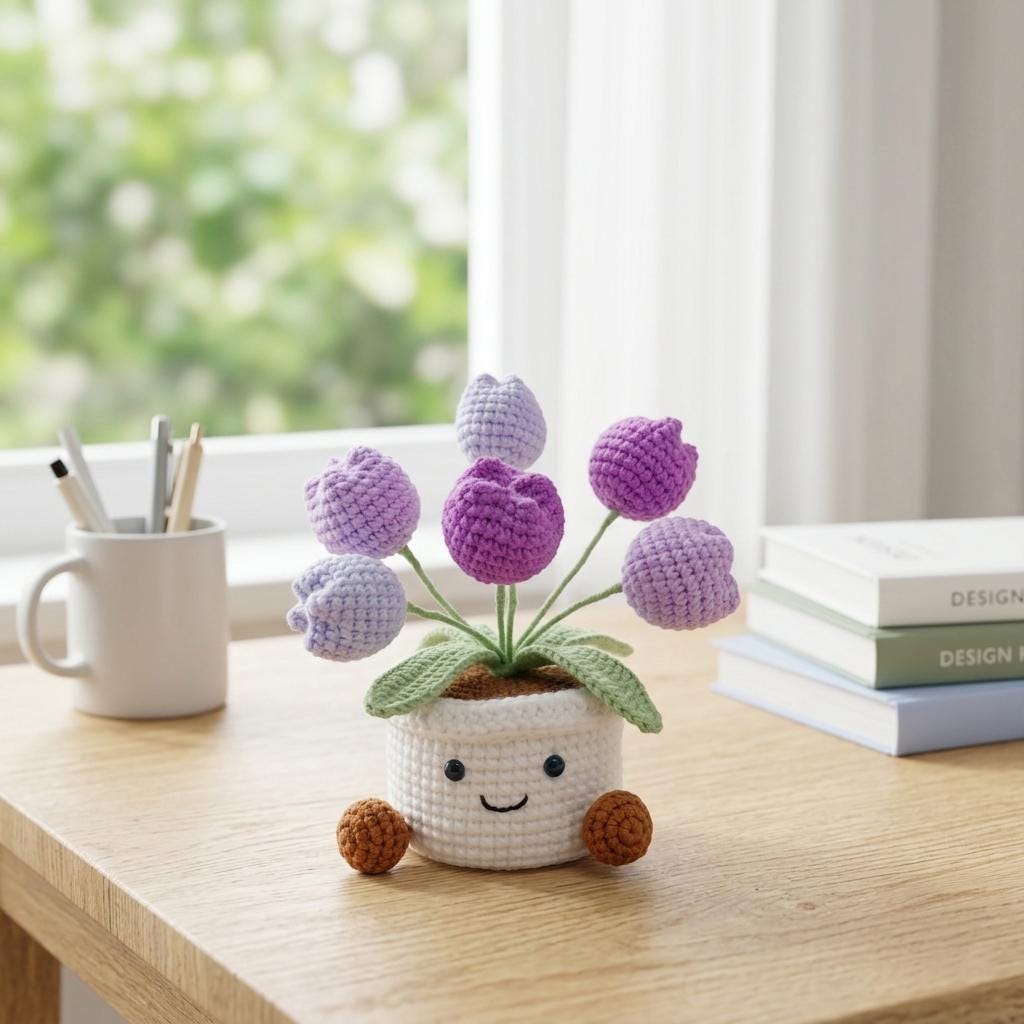 Crochet Tulip Flowers in Pot,Knit Rose,Plant Pot Gifts for Birthday,Anniversary,Congratulations Gifts,Office Desktop,Room Decoration