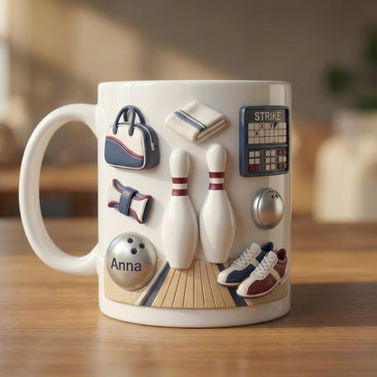 Personalized Bowling Mug, Custom Name Ceramic Cup, Ball Pin Coffee Mug
