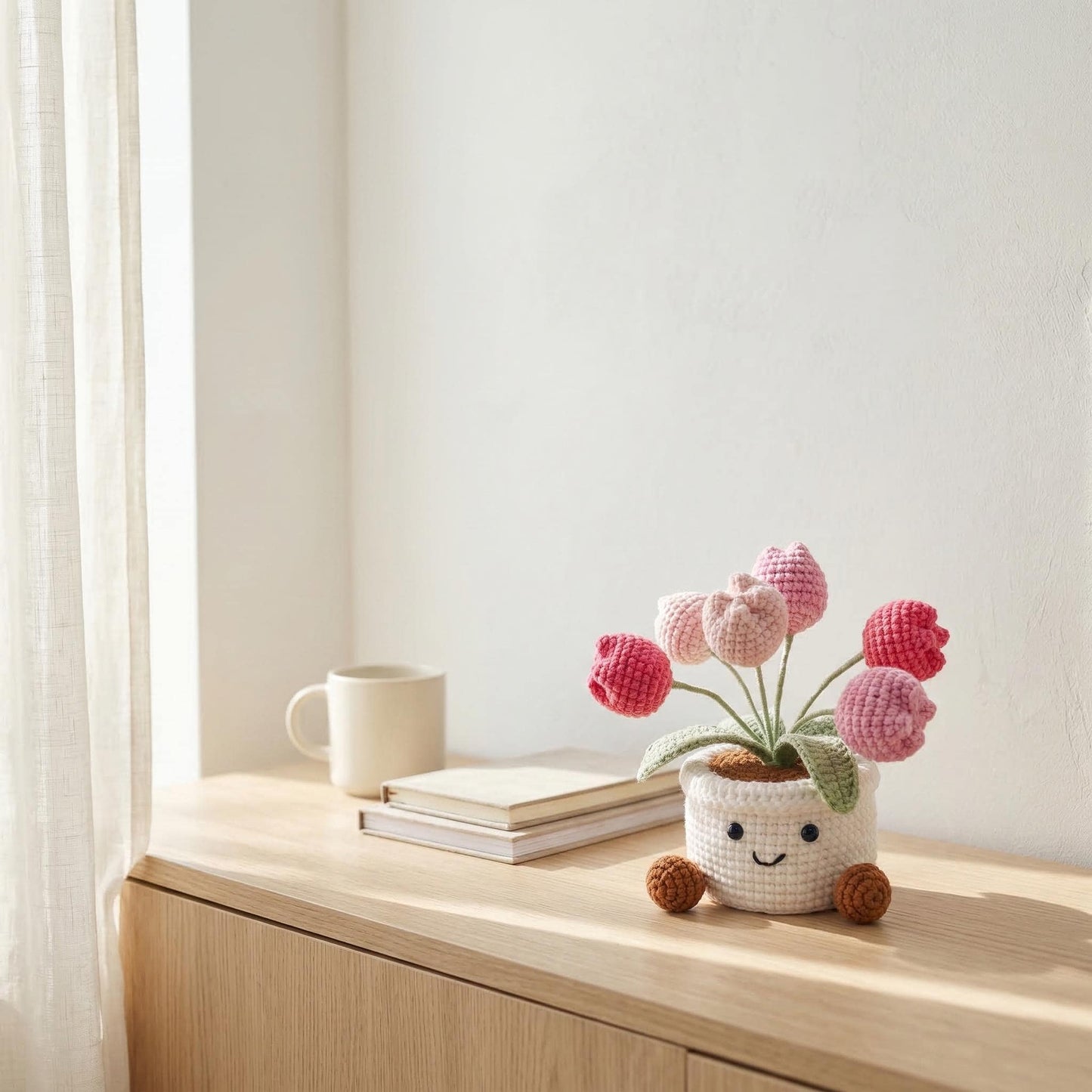 Crochet Tulip Flowers in Pot,Knit Rose,Plant Pot Gifts for Birthday,Anniversary,Congratulations Gifts,Office Desktop,Room Decoration