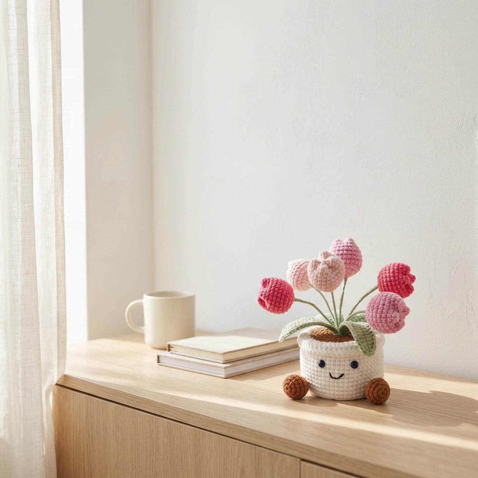 Crochet Tulip Flowers in Pot,Knit Rose,Plant Pot Gifts for Birthday,Anniversary,Congratulations Gifts,Office Desktop,Room Decoration