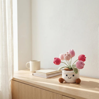 Crochet Tulip Flowers in Pot,Knit Rose,Plant Pot Gifts for Birthday,Anniversary,Congratulations Gifts,Office Desktop,Room Decoration