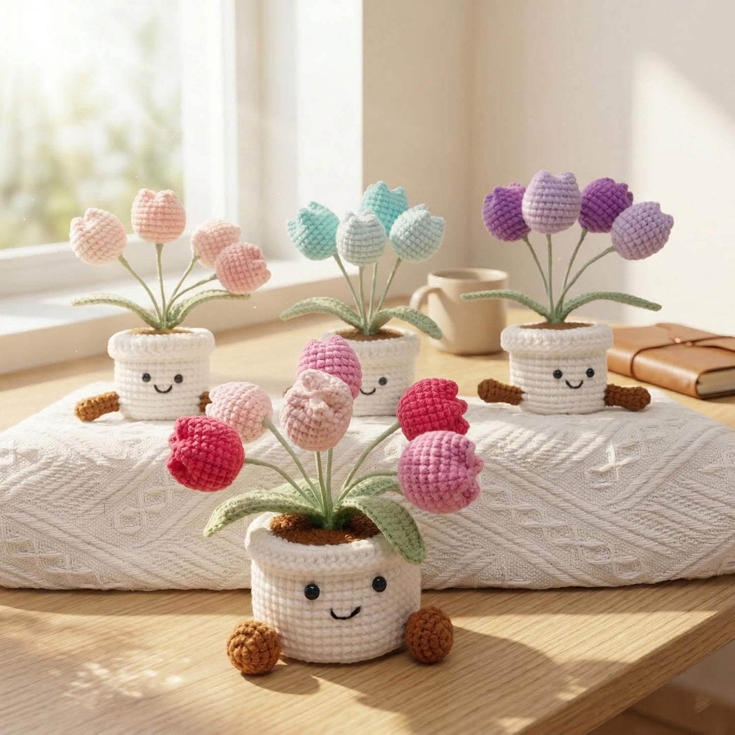 Crochet Tulip Flowers in Pot,Knit Rose,Plant Pot Gifts for Birthday,Anniversary,Congratulations Gifts,Office Desktop,Room Decoration