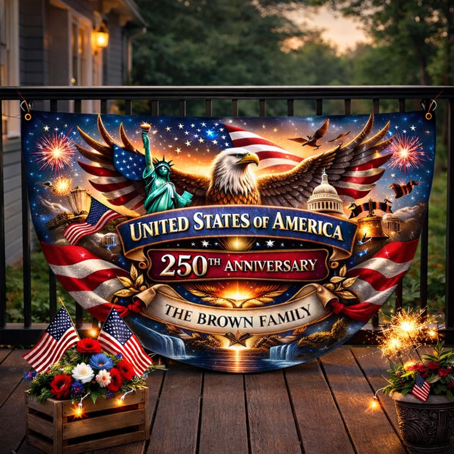 Personalized 250th Anniversary Semicircle Fence Flag Custom Family Name Patriotic Banner USA 1776 2026 Outdoor Independence Day Decor