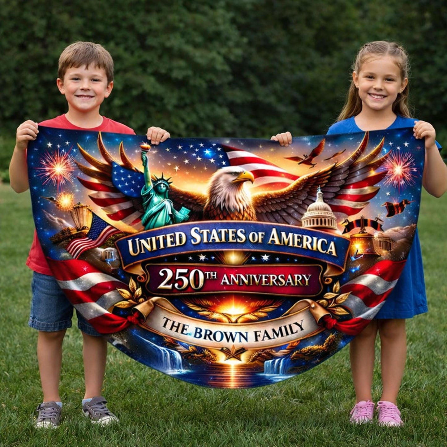 Personalized 250th Anniversary Semicircle Fence Flag Custom Family Name Patriotic Banner USA 1776 2026 Outdoor Independence Day Decor