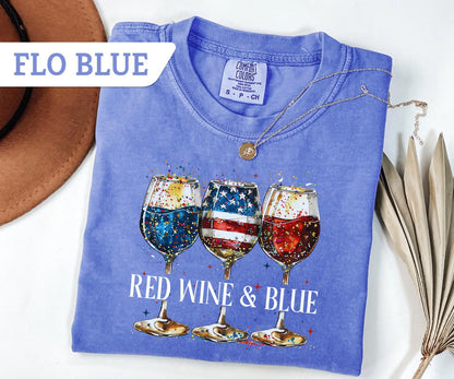 Comfort Colors® Red Wine and Blue T-Shirt, 4th Of July Wine Tshirt, American Wine Glass, Wine T-Shirt, Wine Lover Tee, USA Day Shirt