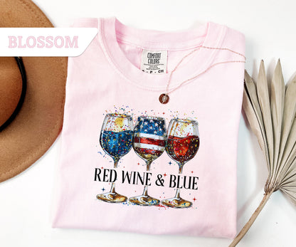 Comfort Colors® Red Wine and Blue T-Shirt, 4th Of July Wine Tshirt, American Wine Glass, Wine T-Shirt, Wine Lover Tee, USA Day Shirt